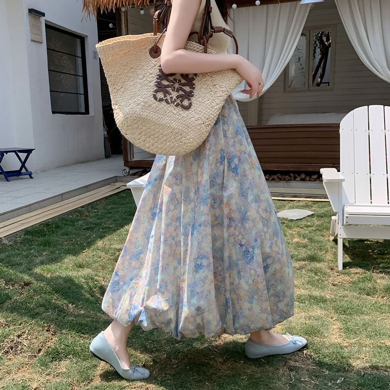 Midi A-Line Floral Elastic Skirt Waist