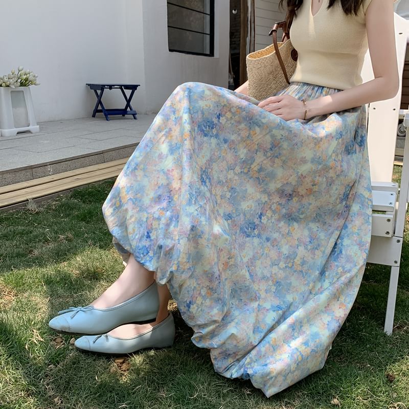 Midi A-Line Floral Elastic Skirt Waist