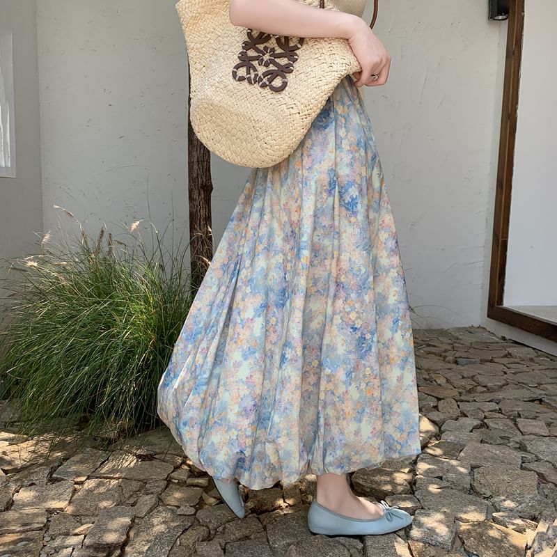 Midi A-Line Floral Elastic Skirt Waist