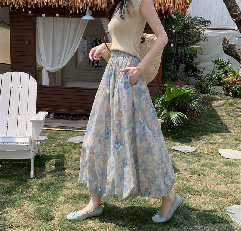 Midi A-Line Floral Elastic Skirt Waist