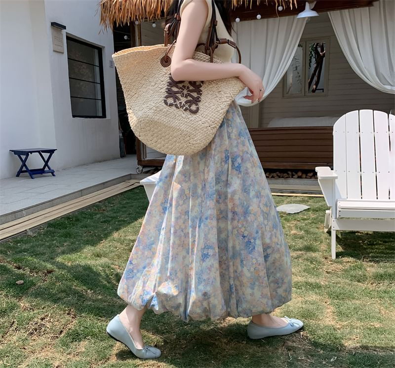 Midi A-Line Floral Elastic Skirt Waist