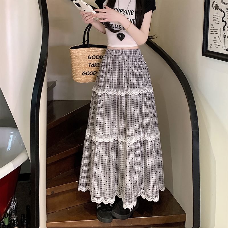 Tiered Plaid Trim Waist Maxi Dotted Elastic Skirt A-Line Lace
