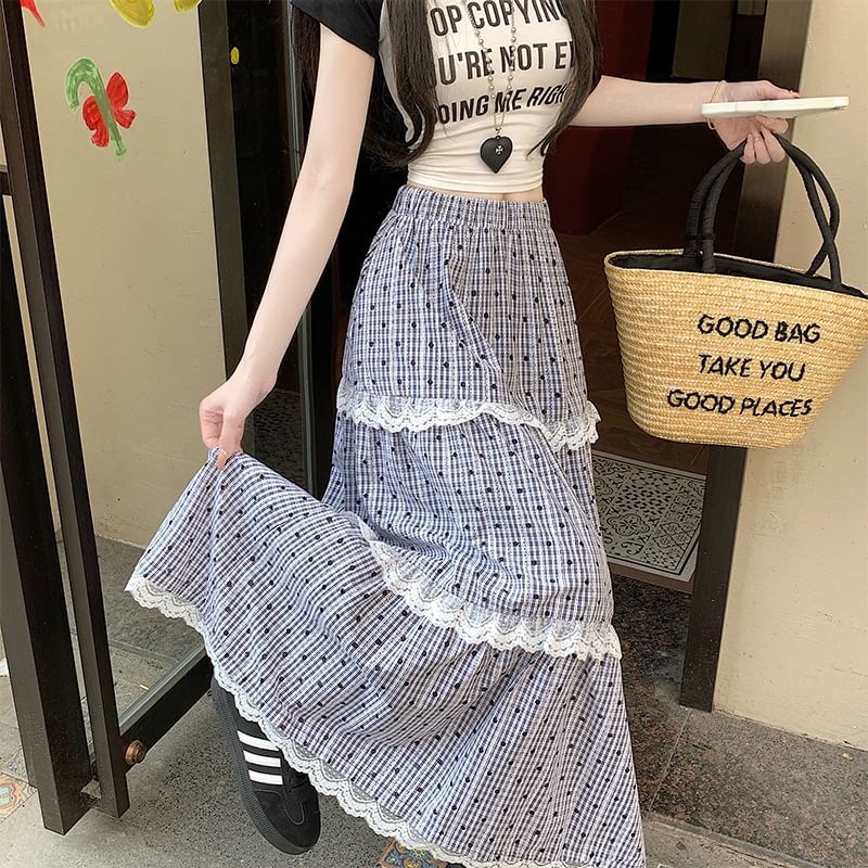 Tiered Plaid Trim Waist Maxi Dotted Elastic Skirt A-Line Lace