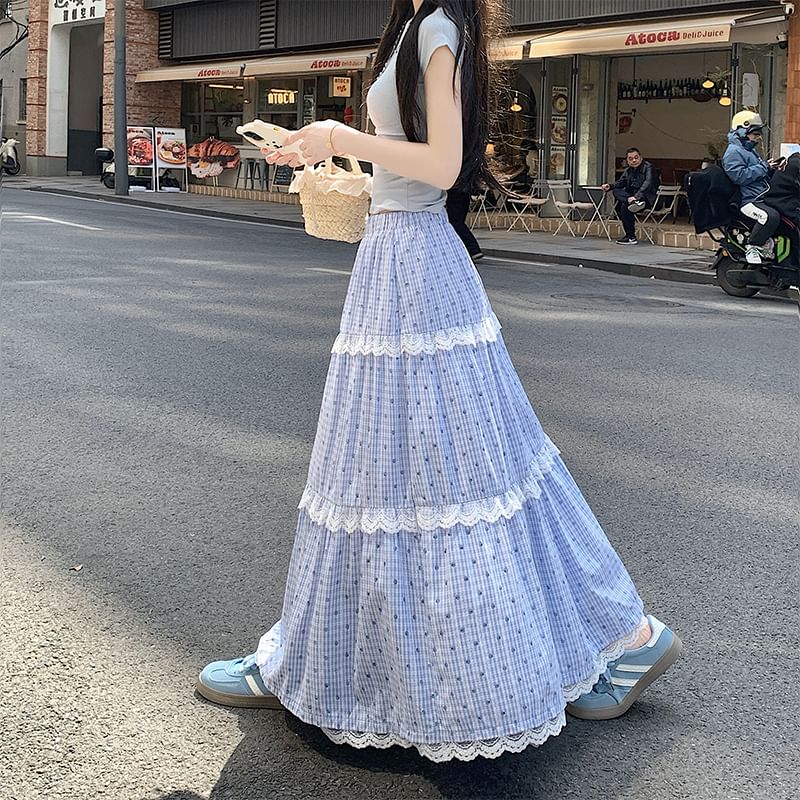 Tiered Plaid Trim Waist Maxi Dotted Elastic Skirt A-Line Lace