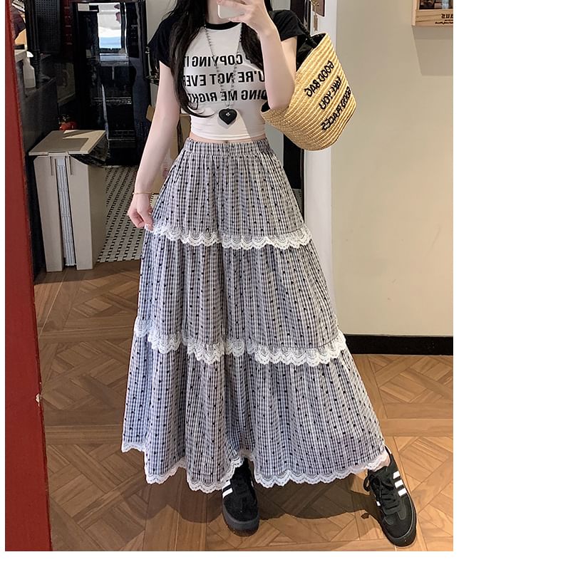 Tiered Plaid Trim Waist Maxi Dotted Elastic Skirt A-Line Lace