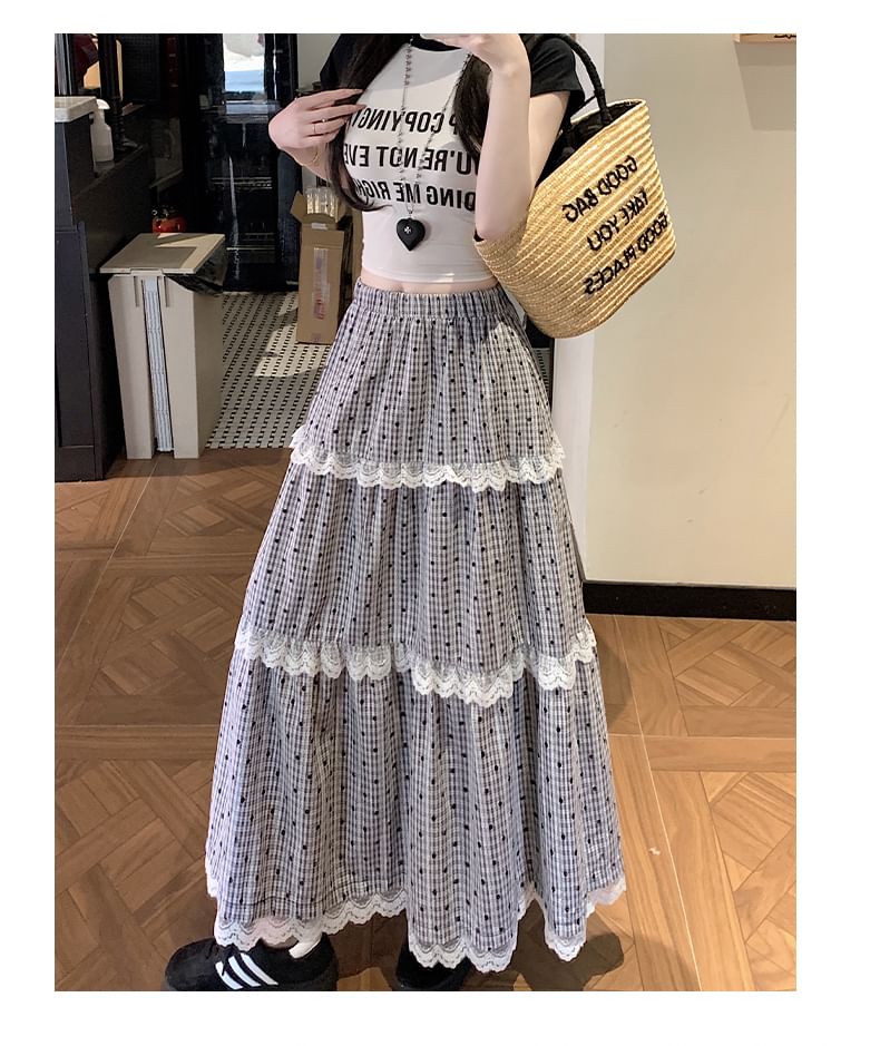 Tiered Plaid Trim Waist Maxi Dotted Elastic Skirt A-Line Lace