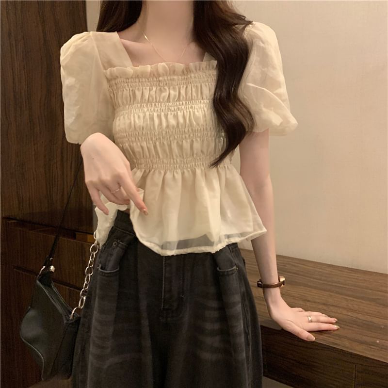 Short-Sleeve Peplum Neck Plain Blouse Square Ruched