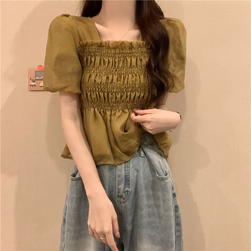 Short-Sleeve Peplum Neck Plain Blouse Square Ruched