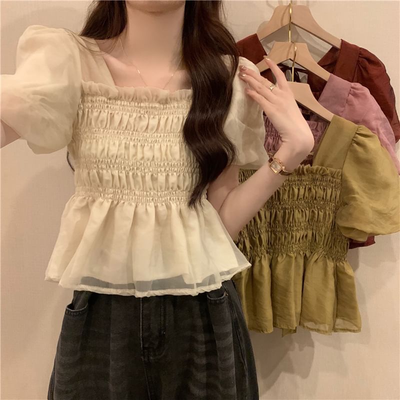 Short-Sleeve Peplum Neck Plain Blouse Square Ruched
