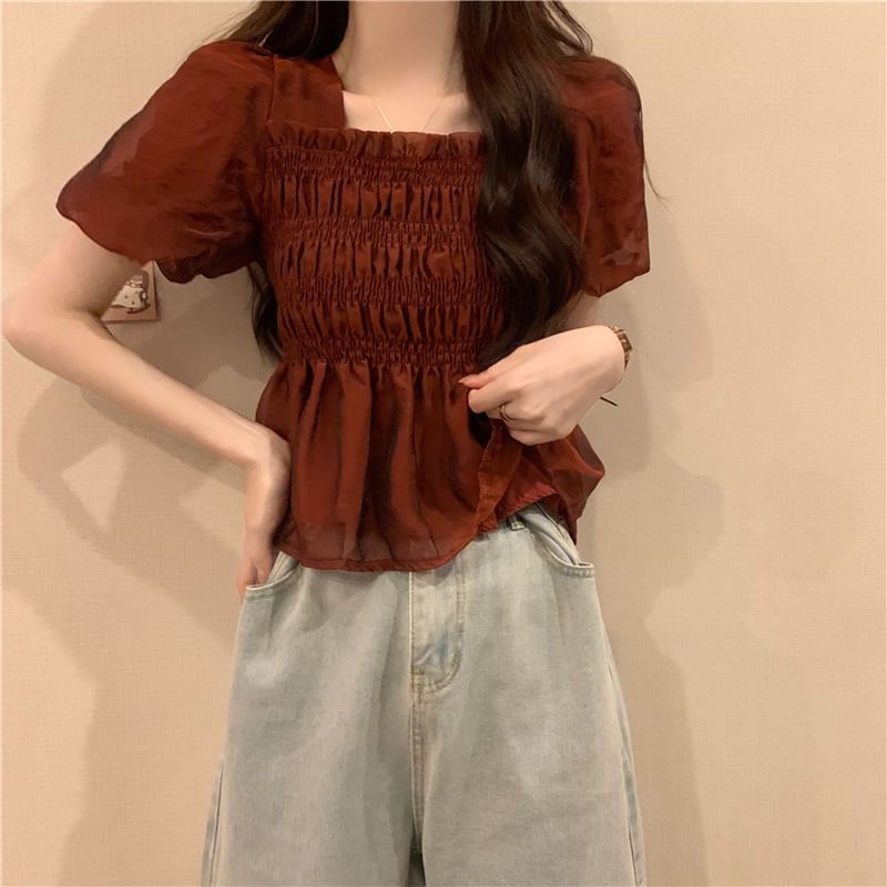 Short-Sleeve Peplum Neck Plain Blouse Square Ruched