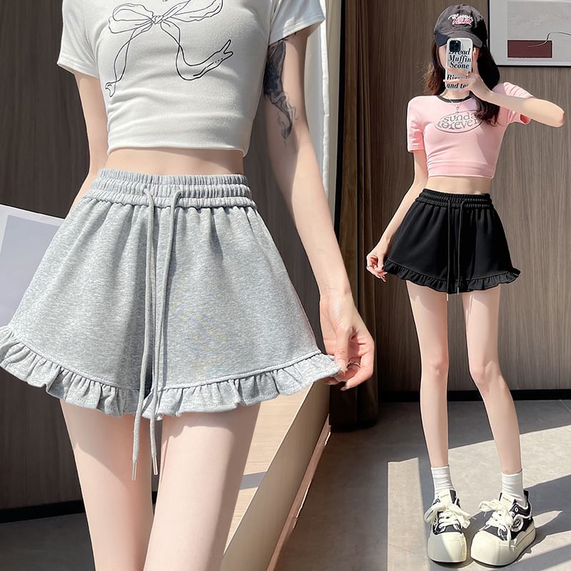 Shorts Trim Waist Sweat Drawstring Ruffle