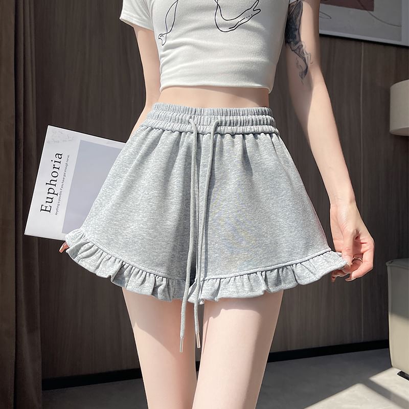 Shorts Trim Waist Sweat Drawstring Ruffle