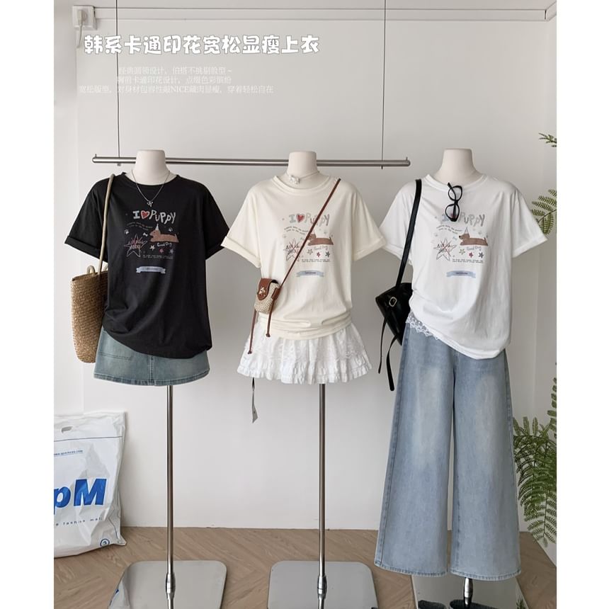 Cartoon Crew Neck Print Tee Short-Sleeve