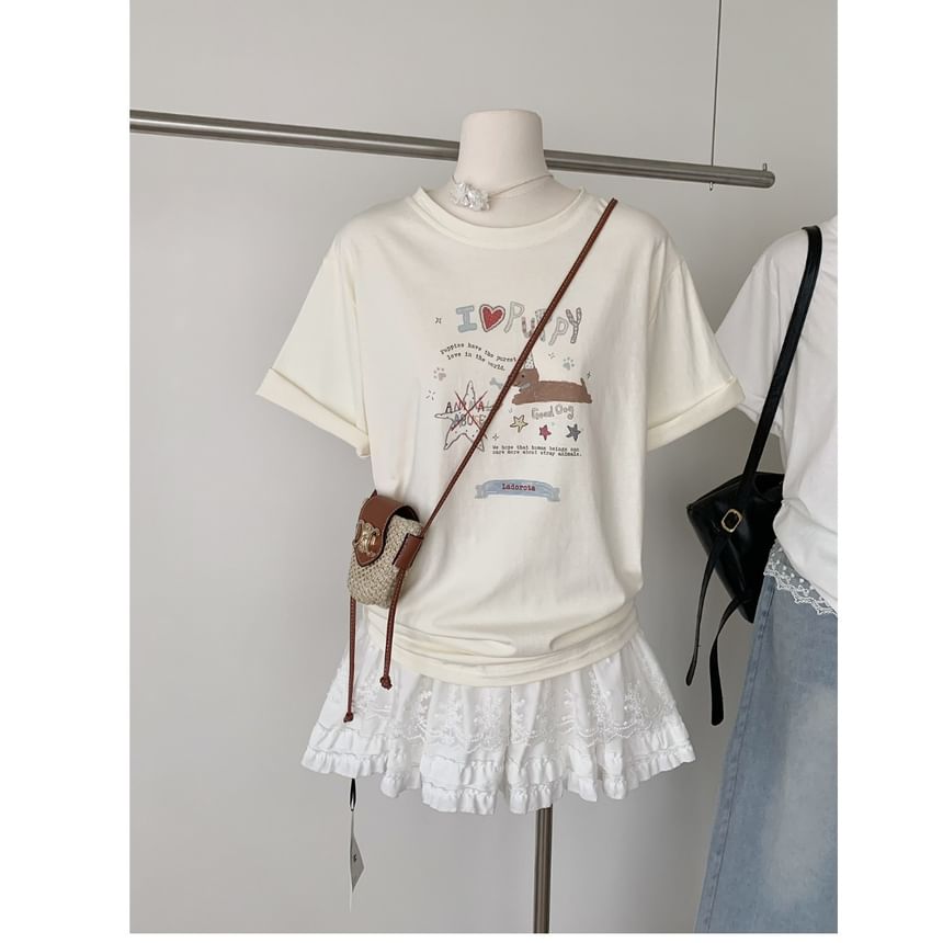 Cartoon Crew Neck Print Tee Short-Sleeve