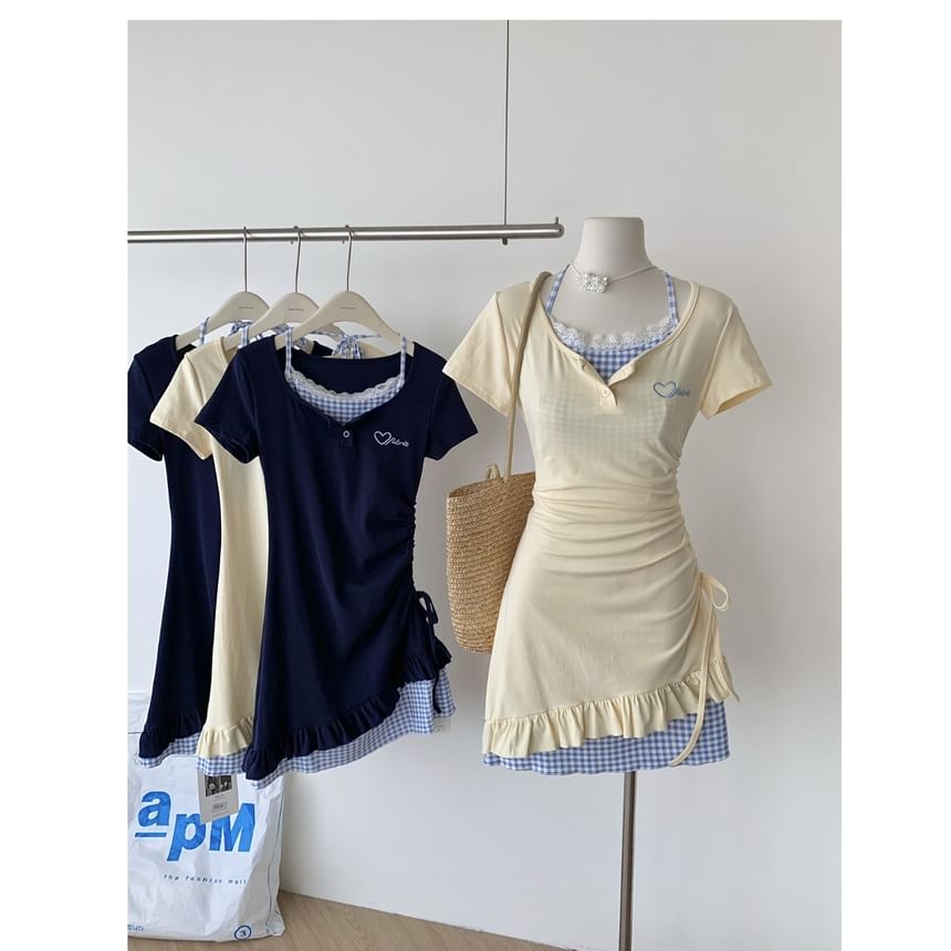 Sheath Heart Short-Sleeve Panel Dress Scoop Neck Drawstring Embroidered Two-Piece Mock Plaid Mini