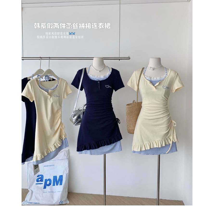 Sheath Heart Short-Sleeve Panel Dress Scoop Neck Drawstring Embroidered Two-Piece Mock Plaid Mini