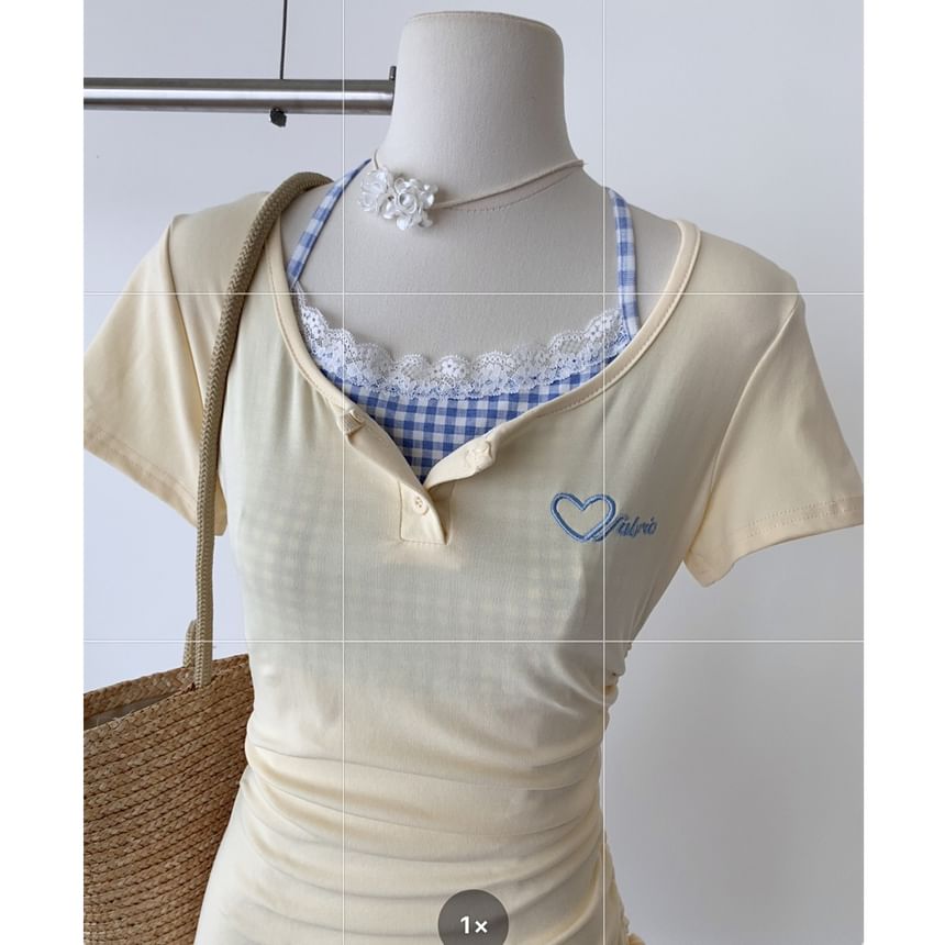 Sheath Heart Short-Sleeve Panel Dress Scoop Neck Drawstring Embroidered Two-Piece Mock Plaid Mini