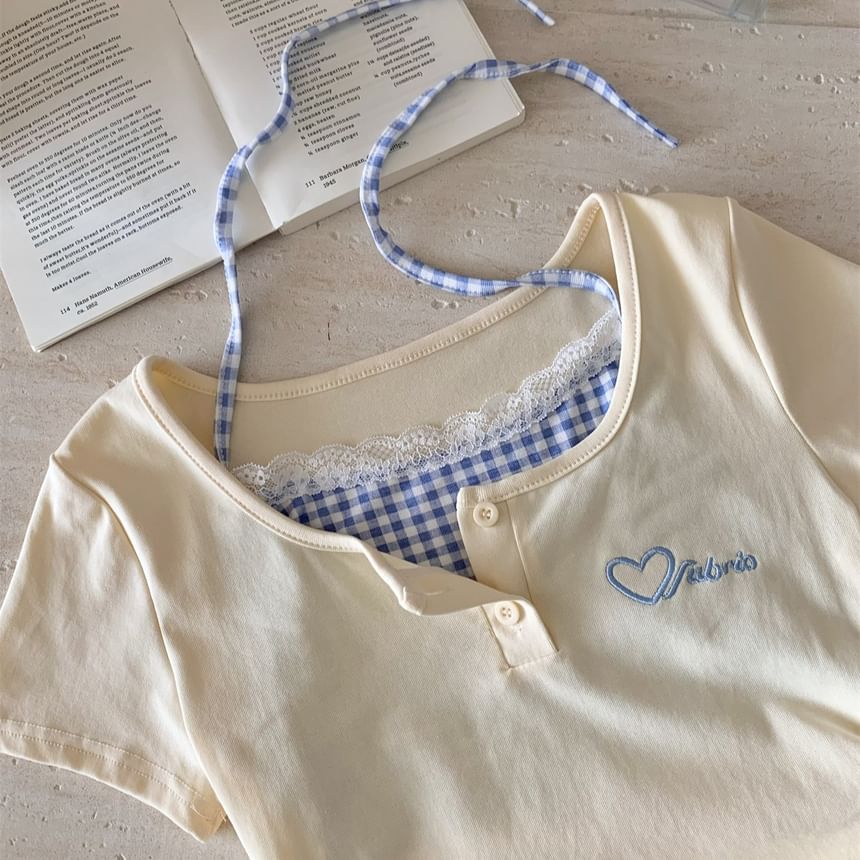 Sheath Heart Short-Sleeve Panel Dress Scoop Neck Drawstring Embroidered Two-Piece Mock Plaid Mini