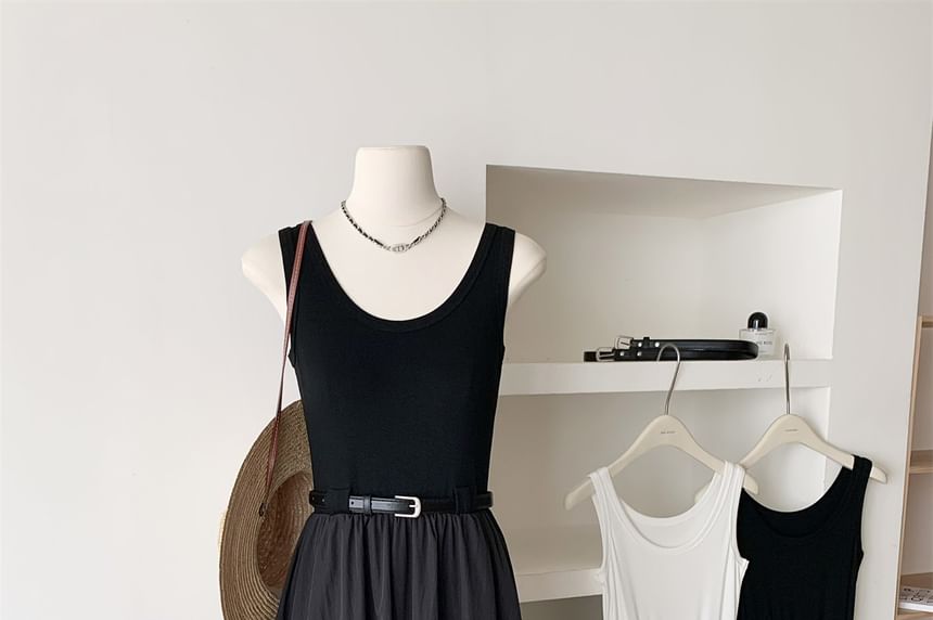 Sleeveless Dress Scoop Plain Midi Neck A-Line