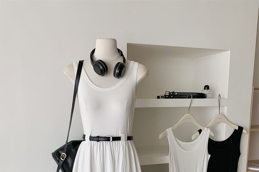 Sleeveless Dress Scoop Plain Midi Neck A-Line