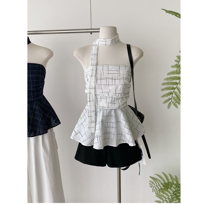 Top Plaid Tube Scarf Set: Skinny Peplum +