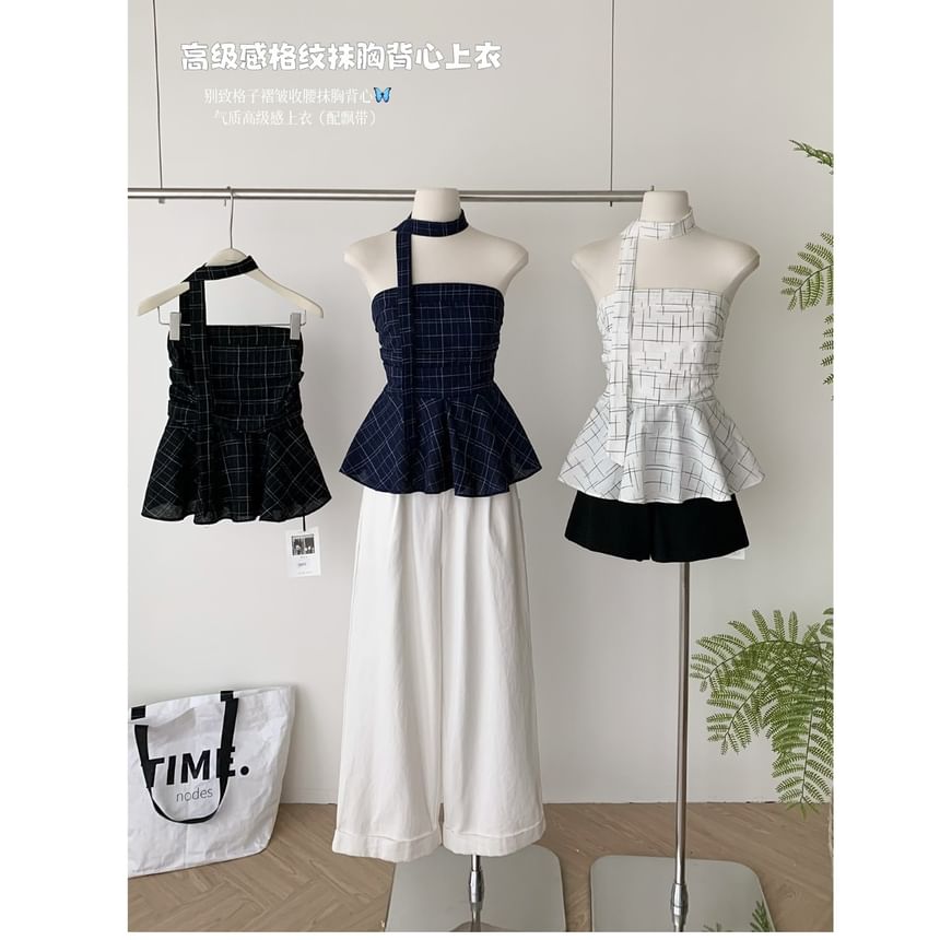 Top Plaid Tube Scarf Set: Skinny Peplum +