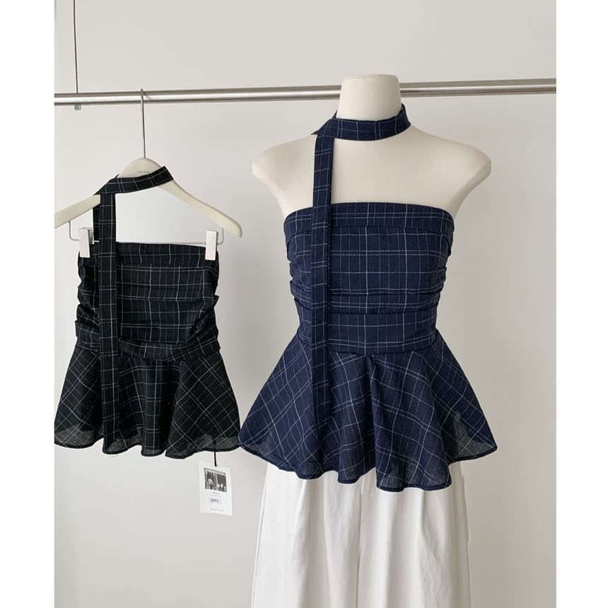 Top Plaid Tube Scarf Set: Skinny Peplum +
