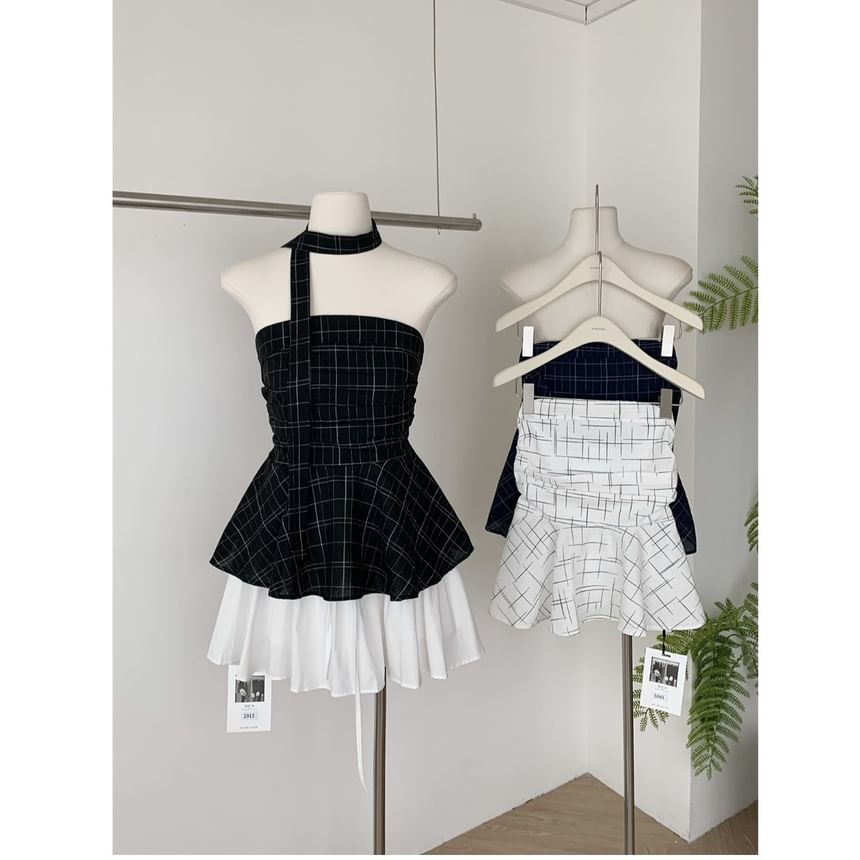 Top Plaid Tube Scarf Set: Skinny Peplum +