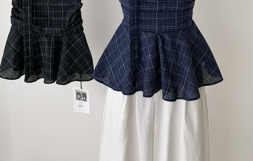 Top Plaid Tube Scarf Set: Skinny Peplum +