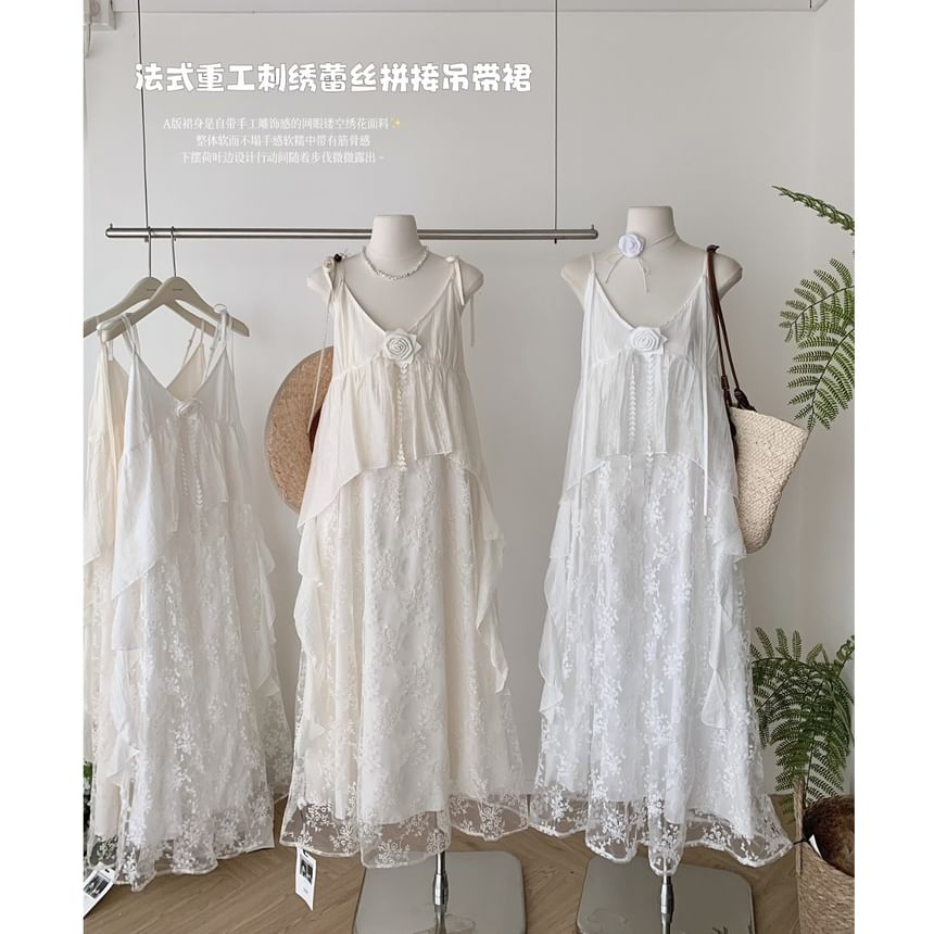 Strap V-Neck Spaghetti Maxi Dress A-Line Lace