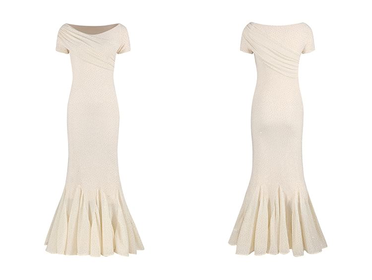 Short-Sleeve Boat Neck Rhinestone Mermaid Evening Gown