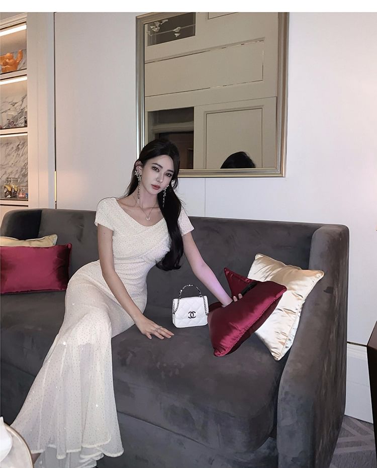 Short-Sleeve Boat Neck Rhinestone Mermaid Evening Gown