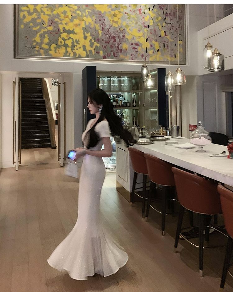 Short-Sleeve Boat Neck Rhinestone Mermaid Evening Gown