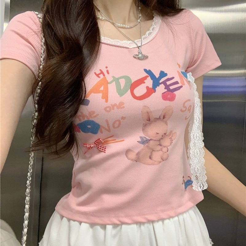 Tee Crewneck Rabbit Print Short-Sleeve Crop