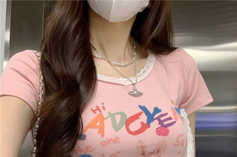 Tee Crewneck Rabbit Print Short-Sleeve Crop