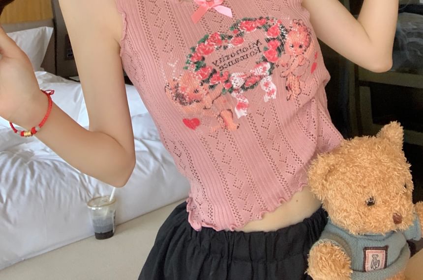 Tank Print Top Crop Lace Floral