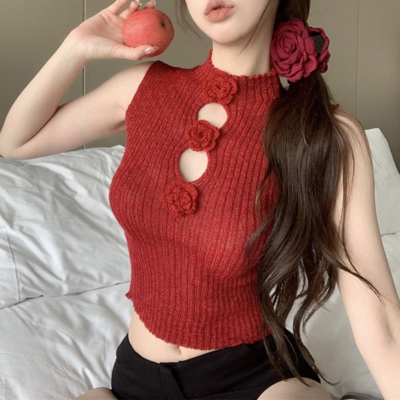 Crop Top Sleeveless Accent Knit Mock Floral Neck
