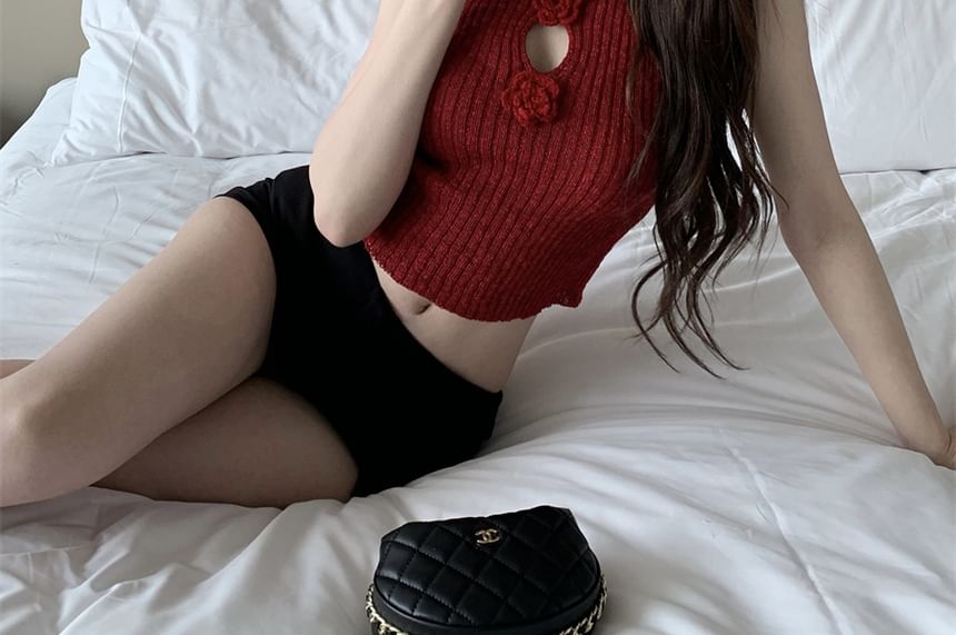 Crop Top Sleeveless Accent Knit Mock Floral Neck