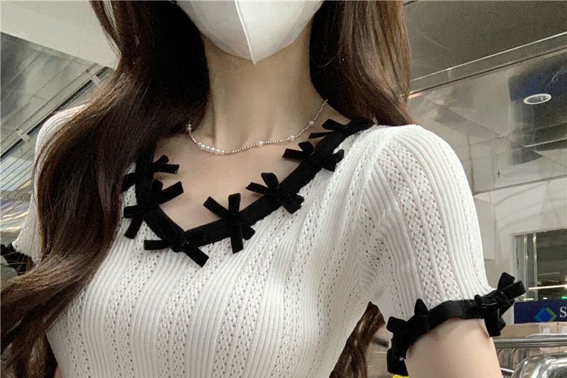 Knit Top V-Neck Lace Crop Trim Plain Short-Sleeve