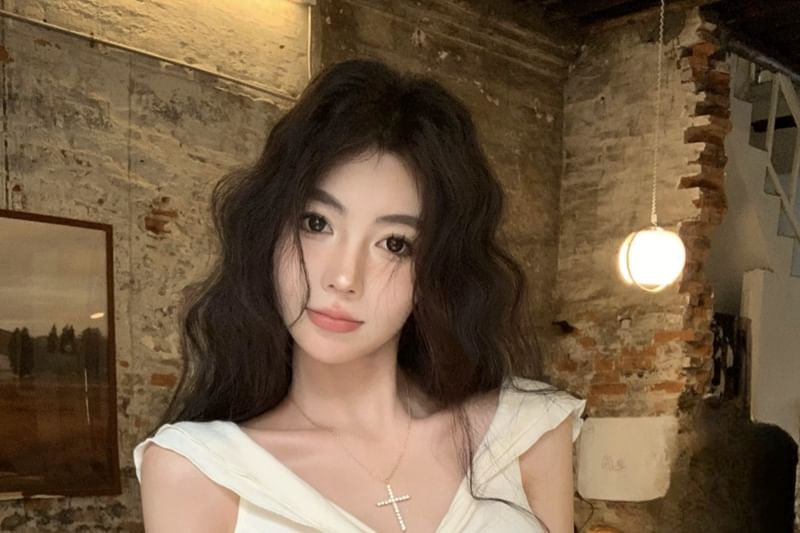 Top V-Neck Cap-Sleeve Plain Crop