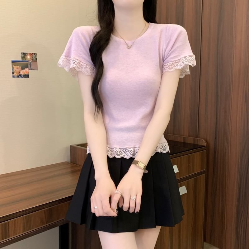 Crewneck Short-Sleeve Lace Tee Plain Trim