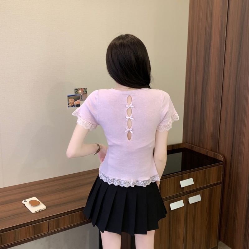 Crewneck Short-Sleeve Lace Tee Plain Trim