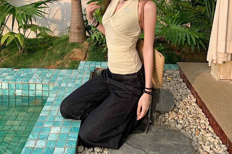 V-Neck Rhinestone Crop Sleeveless Top