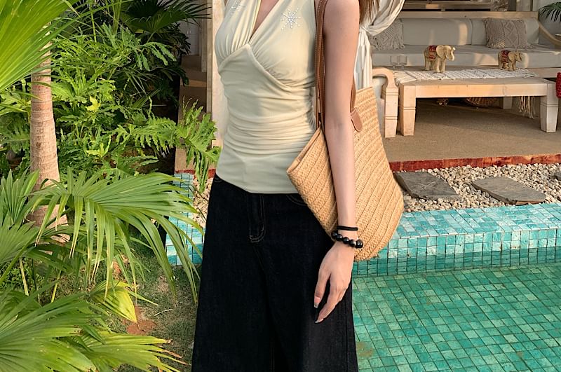 V-Neck Rhinestone Crop Sleeveless Top