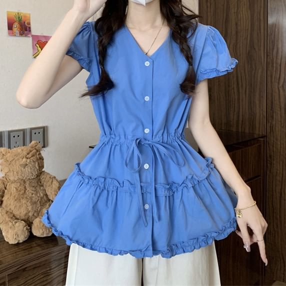 Flowy Plain Short-Sleeve V-Neck Trim Frill Shirt