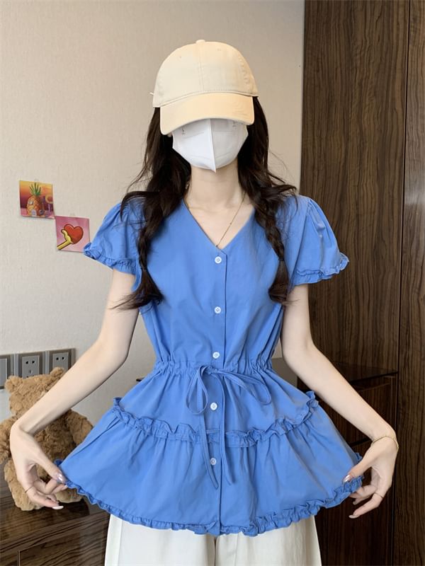 Flowy Plain Short-Sleeve V-Neck Trim Frill Shirt