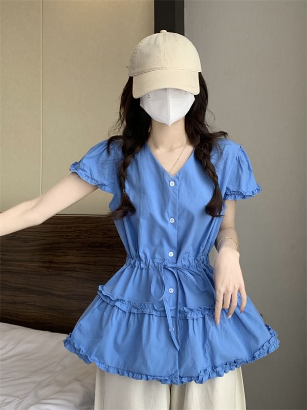 Flowy Plain Short-Sleeve V-Neck Trim Frill Shirt