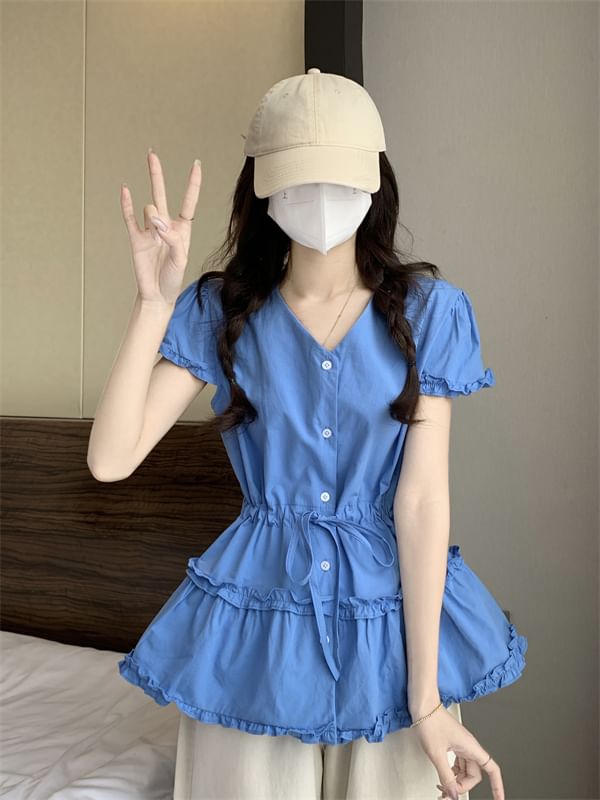 Flowy Plain Short-Sleeve V-Neck Trim Frill Shirt
