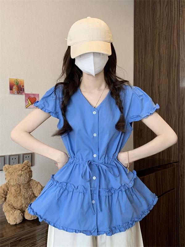 Flowy Plain Short-Sleeve V-Neck Trim Frill Shirt