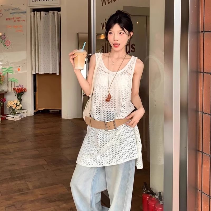 Sleeveless Hem Knit Slit Plain Top